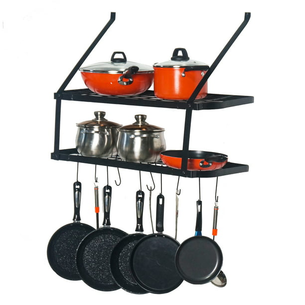 Iron Wall Mount Pot Pan Hanging Rack Kitchen Cookware Organizer Holder 10 Hooks